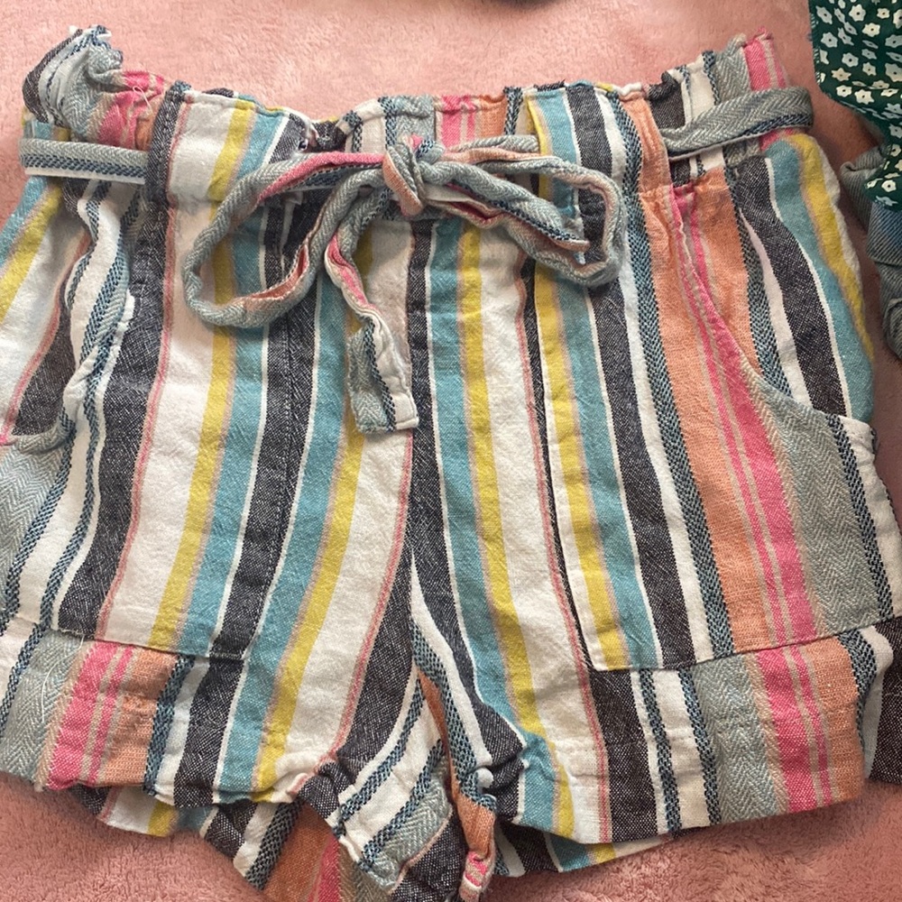 Colorful striped paper bag shorts